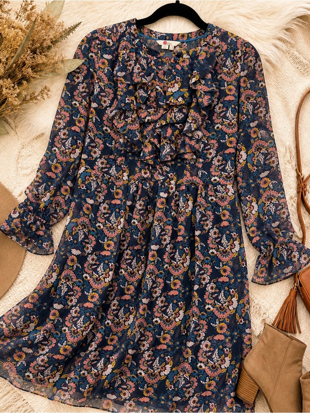 Boden Floral Ruffle Dress Blue Pink Boho Long Sleeve Fit & Flare US 6
